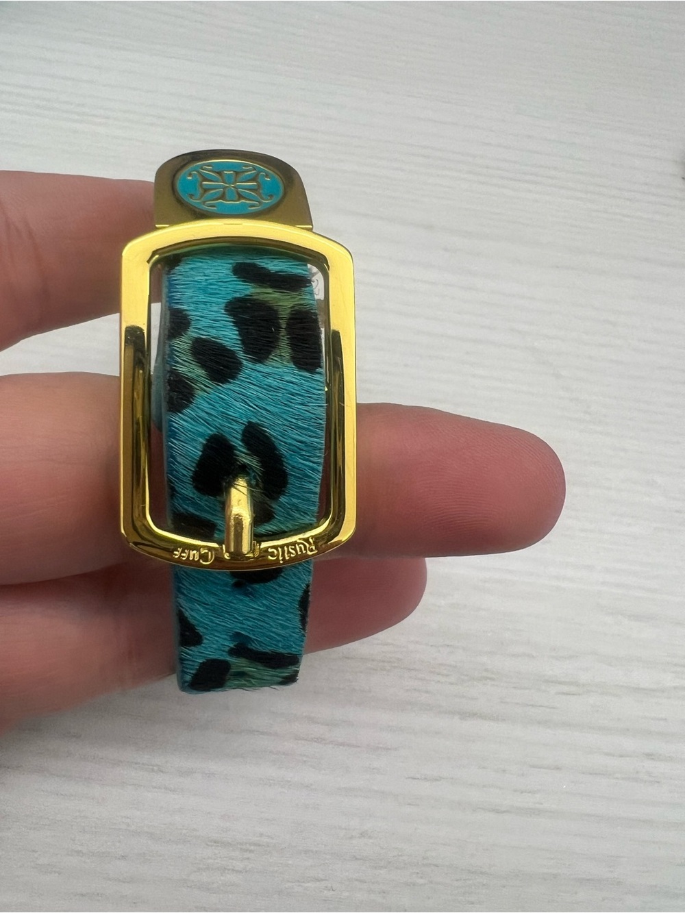Rustic Cuff Turquoise and Black Leopard Haircalf Bracelet with Gold Buckle